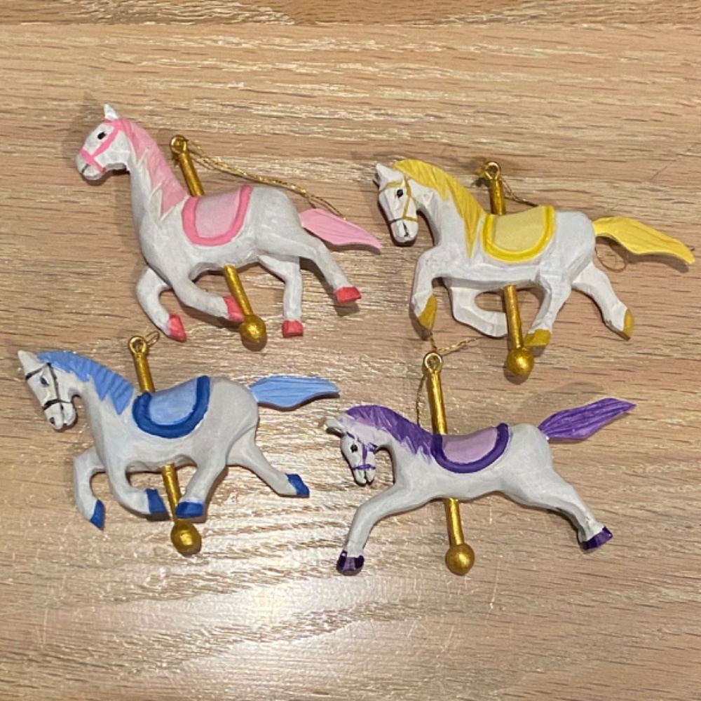 4 Carousel Horse Ornaments, Wood & Hand Painted, 13" Wire Stand, Nursery or Tree - Picture 5 of 16